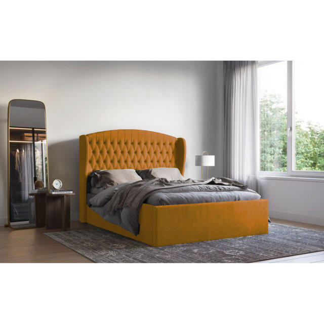Medau Velvet Upholstered Bed Frame - Padded Headboard, Chrome Feet