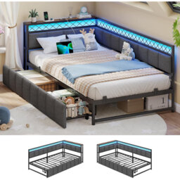 Bed Frame with Charging Station, Day Bed with 2 Storage Drawers & LED Lighting