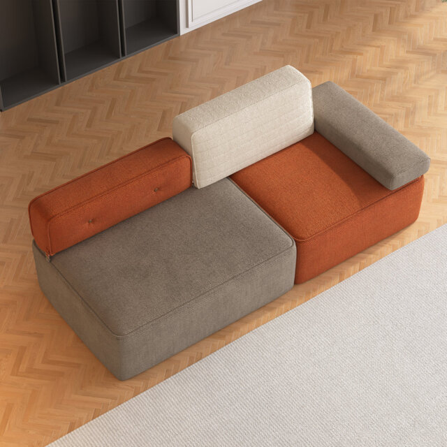 Velvet and Linen Blend Modular Sofa, 200cm Wide with Adjustable Arm Pads in Grey & Orange Fast Dispatch From UK Warehouse – Dispatched Within 2 Days