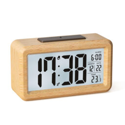 Wooden Digital Alarm Clock with Temp/Date Display, Light Sensor & Backlight (Batteries Included)