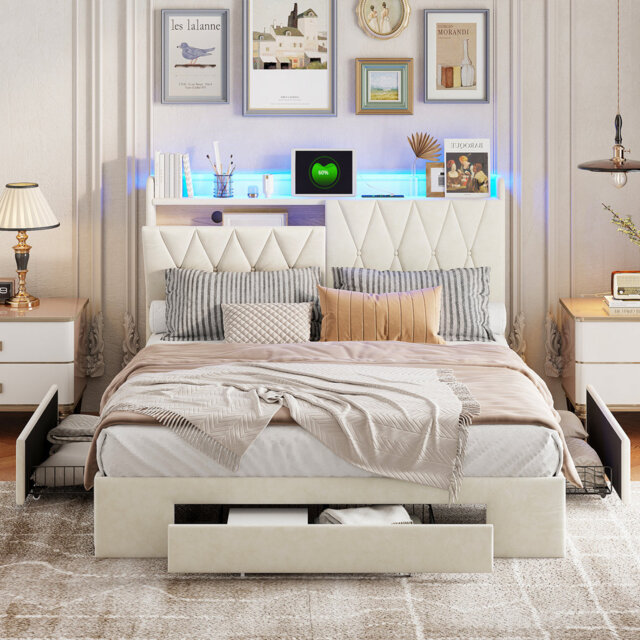Velvet Upholstered Bed With LED And 3 Drawers