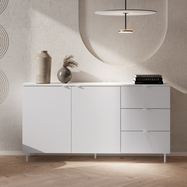 Mila 2 White Sideboard W151cm - Cabinet with 3 Drawers & Ball-Bearing Runners