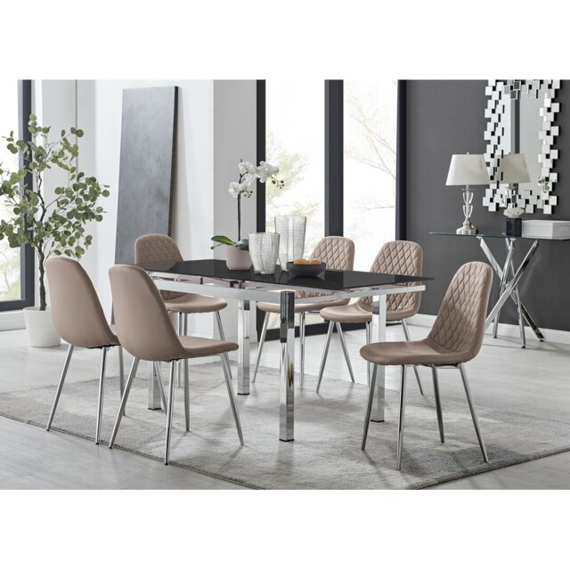 Tierra Modern Glass & Metal Extendable Dining Table Set & 6 Luxury Dining Chairs