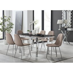 Tierra Modern Glass & Metal Extendable Dining Table Set & 6 Luxury Dining Chairs