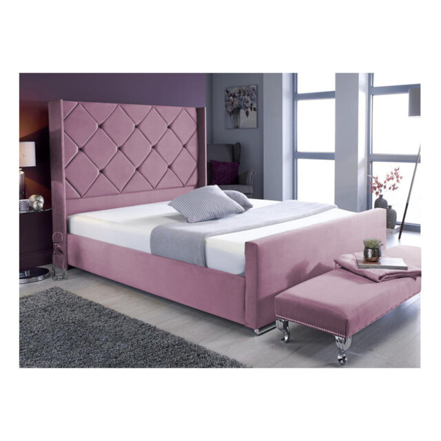 Descanso Chesterfield Velvet Upholstered Bed Frame - Buttoned Headboard, Chrome Feet