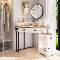 LED Corner Dressing Table with Side Storage Cabinet, Charging Socket, 3 Tone Lights, Velvet Jeweller