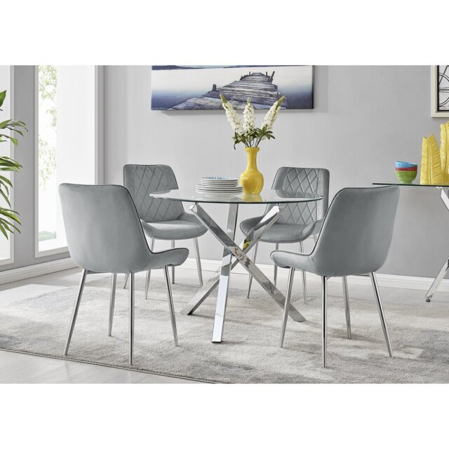 Seline Modern Round Dining Table Set in Glass and Chrome with 4 Luxury Velvet Leather Chairs