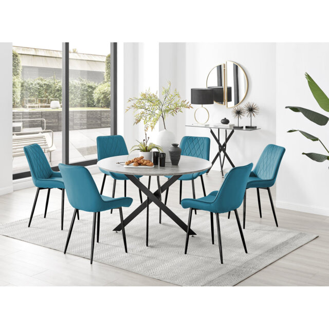 Tierra Modern Chrome Metal & Glass Round Dining Table Set with 6 Luxury Faux Leather Chairs
