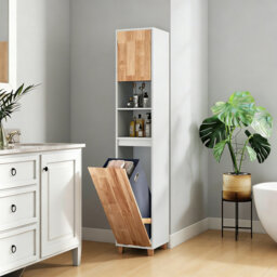 Tilt-Out Laundry Basket Bathroom Tall Cabinet, Slim Freestanding Storage Unit With Rubber Wood Doors & Open Shelves, Narrow Laundry Hamper Tower For B