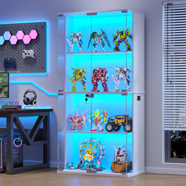 Display Cabinet With Glass Doors, Lighted Display Case With 3 Color Lights, 4-tier Bookcase With Human Body Sensor