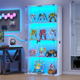 Display Cabinet With Glass Doors, Lighted Display Case With 3 Color Lights, 4-tier Bookcase With Human Body Sensor