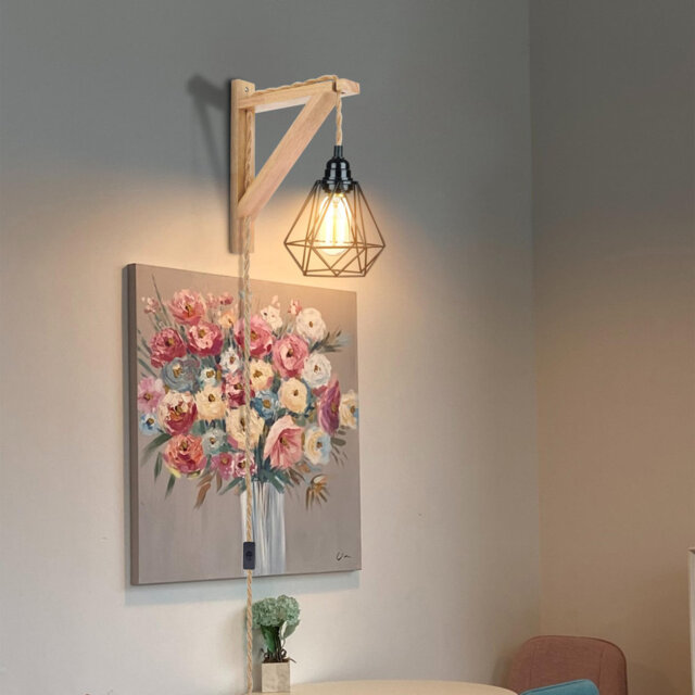 Wood Plug in Wall Sconces with On/Off Switch Cord Set of Two Hemp Rope Cord Hanging Lamps That Plug into Wall Outlet Indoor Rustic Wall Lamp for Bedro