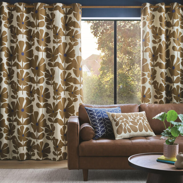 "Orla Kiely Wildflower Fully Lined Ready Made Floral Eyelet Curtains Coffee 66x72"""