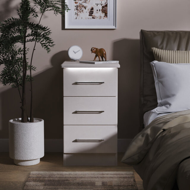 Cenie 3 Drawer Bedside Cabinet in White Gloss & White (Ready Assembled)