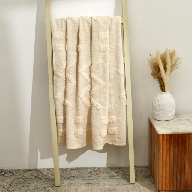 Loom Luxe Cotton Throw - Natural Beige Tufted - 61 × 50 Inch