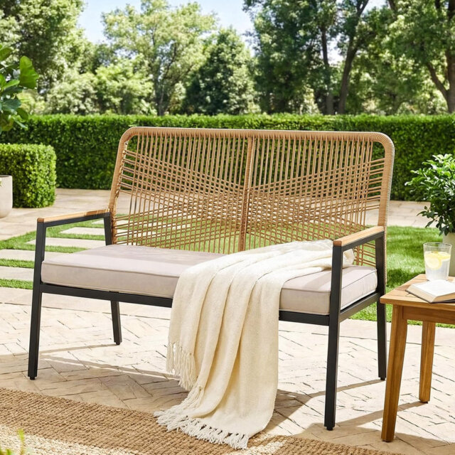 01-0327 Iron and Rattan Outdoor Double Chair - Dark Gray Rattan + Dark Gray Mat