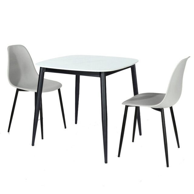 Aspen Gloss White Sintered Stone Square Table with 2 Curve Plastic Chairs - Modern Dining Set