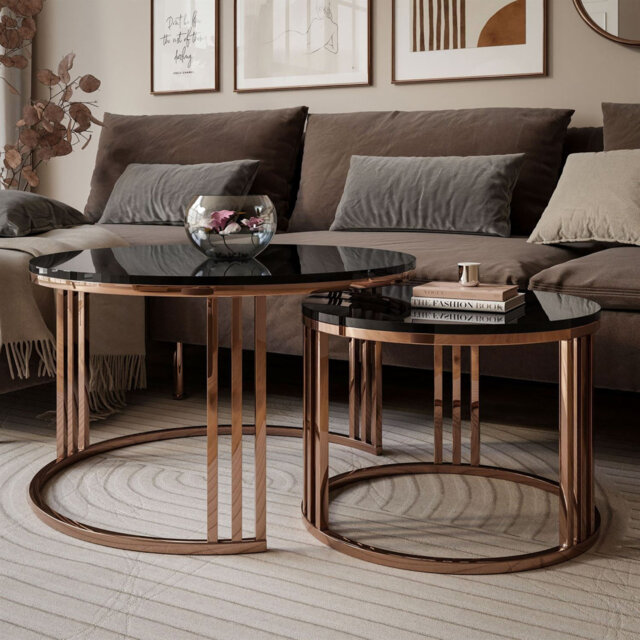 LORI 2-in-1 Coffee Table Set – High-Gloss Top and Copper Base