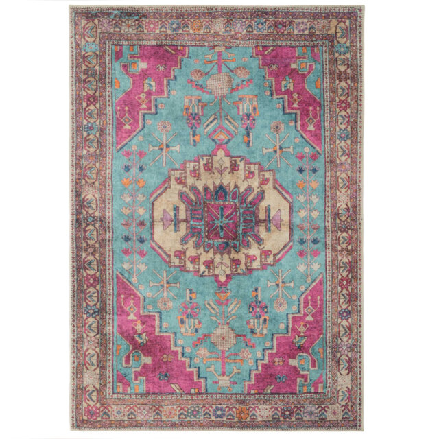 Machine Washable Teal Pink Contemporary Maximalist Distressed Living Room Area Rug