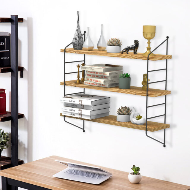 3 Tier Wall Floating Shelf With Metal Bracket Frame Wood Display Board Wall Hanging Shelves