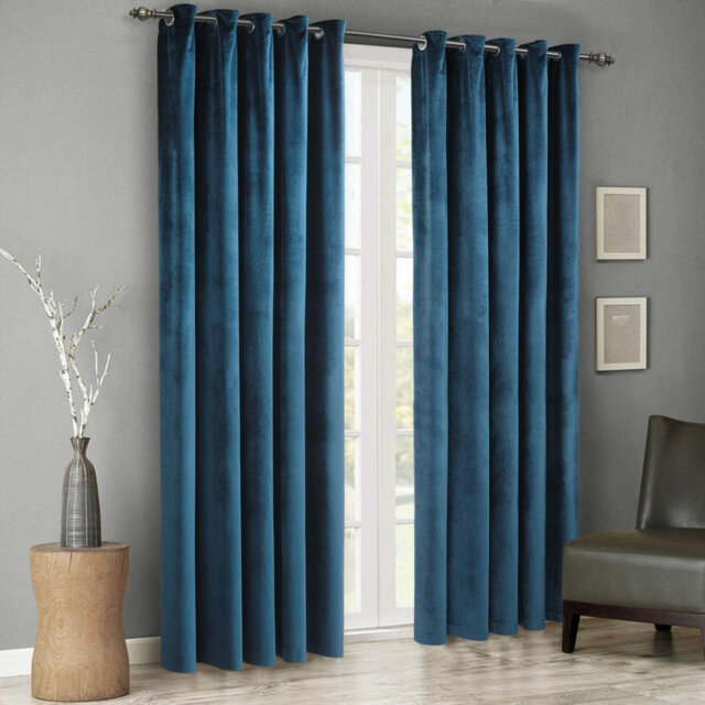 Velvet Curtains Pencil Pleat Blackout Curtains 2 Panels with 2 Tiebacks Thermal Eyelet Blue 229 x 229 cm