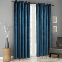 Velvet Curtains Pencil Pleat Blackout Curtains 2 Panels with 2 Tiebacks Thermal Eyelet Blue 229 x 229 cm