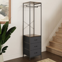 Buldir 3 Drawer Hallway Hanging Rail Coat Rack. Industrial Style Metal Frame, Walnut Effect Wood & Grey Fabric Drawers