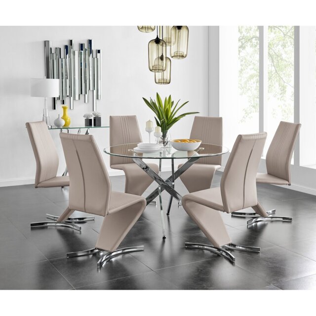 Tierra Modern Chrome Metal & Glass Round Dining Table Set with 6 Modern Design Faux Leather Chairs