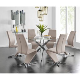 Tierra Modern Chrome Metal & Glass Round Dining Table Set with 6 Modern Design Faux Leather Chairs