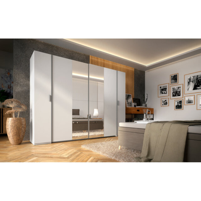 4-door wardrobe, white, with clothes rails, shelves and mirror WxHxD 270x207.5x60.4cm