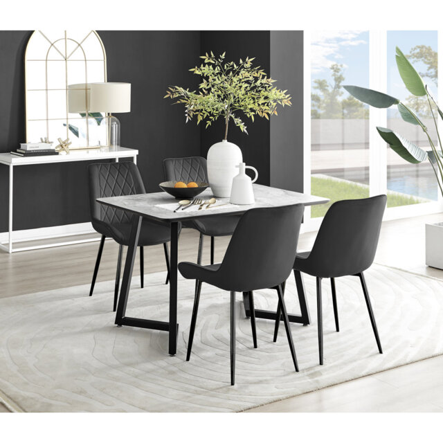 Industrial Design Grey & White Marble Effect Melamine Dining Table Set with 4 Luxury Velvet Chairs