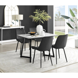 Industrial Design Grey & White Marble Effect Melamine Dining Table Set with 4 Luxury Velvet Chairs