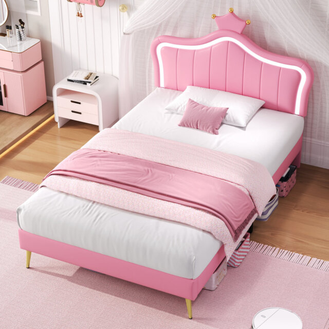 PU Leather Upholstered Bed With LED Adjustable Headboard