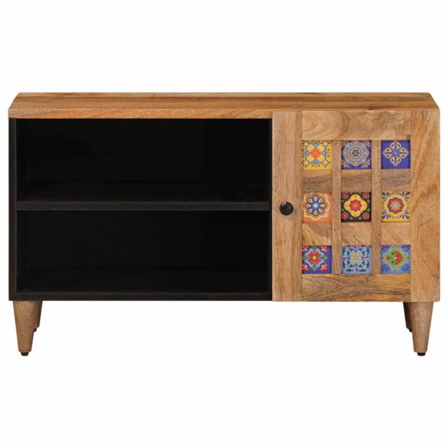 TV Cabinet With Storage With Door Solid Mango Wood Media Stand Doors