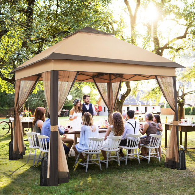 Gazebo 3.3 x 3.3m, waterproof, stable, height -adjustable, garden gazebo with 4 mosquito net side panels and a double roof, party tent and carrying ba