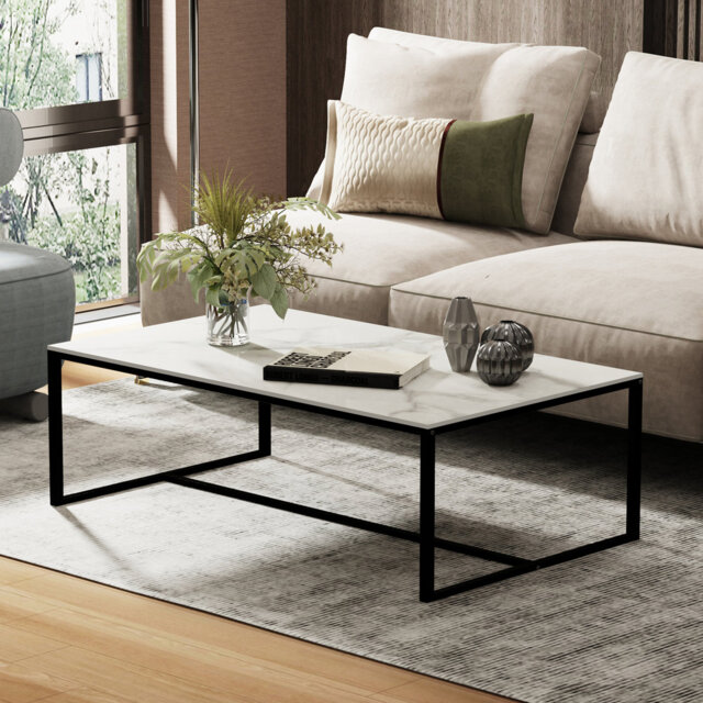 Marble Coffee Table Rectangle Sintered Stone Top Side End Table With Metal Frame
