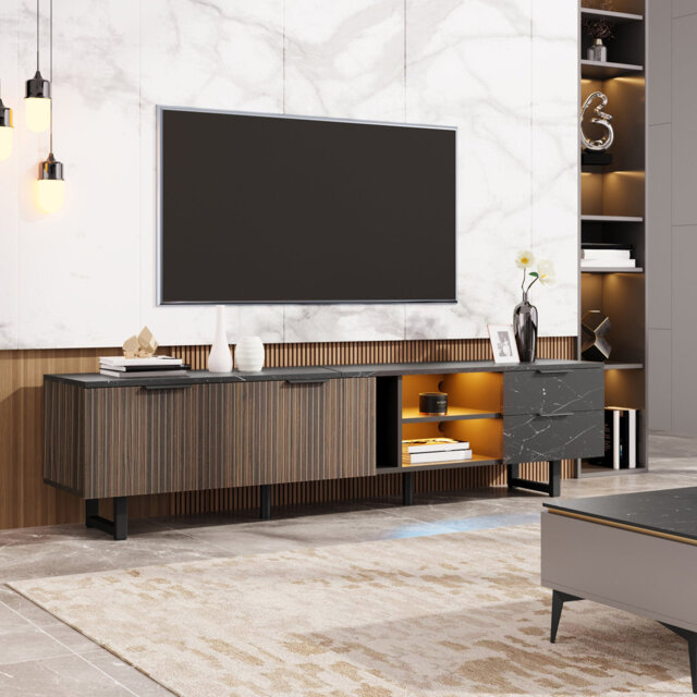 Modern Tv Stand With Led Lights - 200Cm Marble & Wood Design, 6 Storage Spaces