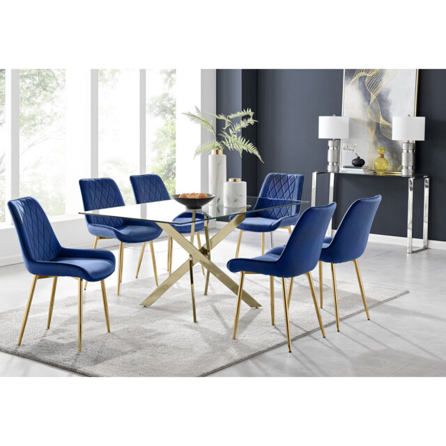 Lenworth Glass Rectangular Dining Table Set with 6 Luxury Velvet Chairs