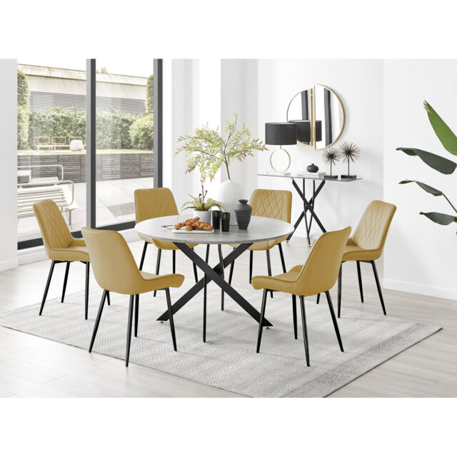 Tierra Modern Chrome Metal & Glass Round Dining Table Set with 6 Luxury Faux Leather Chairs