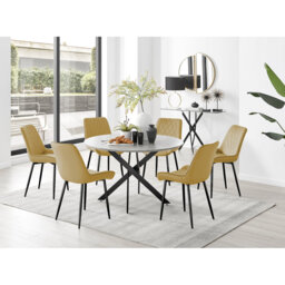 Tierra Modern Chrome Metal & Glass Round Dining Table Set with 6 Luxury Faux Leather Chairs