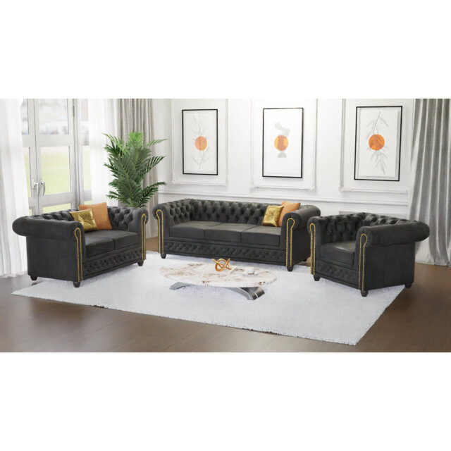 Chesterfield Friedrich Sofa Set 3+2+1 Made of Vintage Look Microfibre with Solid Wood Legs