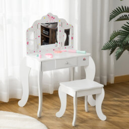 HOMCOM Kids Vanity Table and Chair Set with Tri-Folding Mirror Stool White