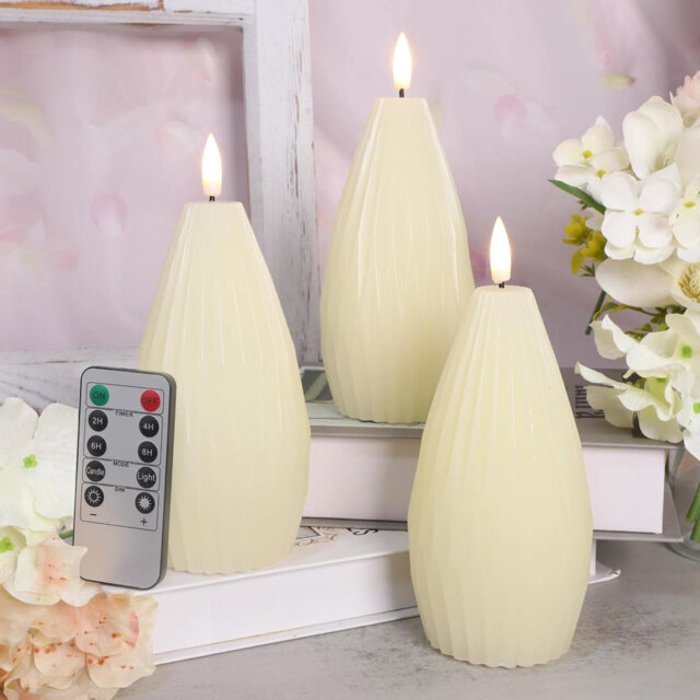 3 Pack Ivory Irregular Flameless Candles: Remote & Timer, Real Wax Flicker, Battery Operated, for Home Party, Wedding