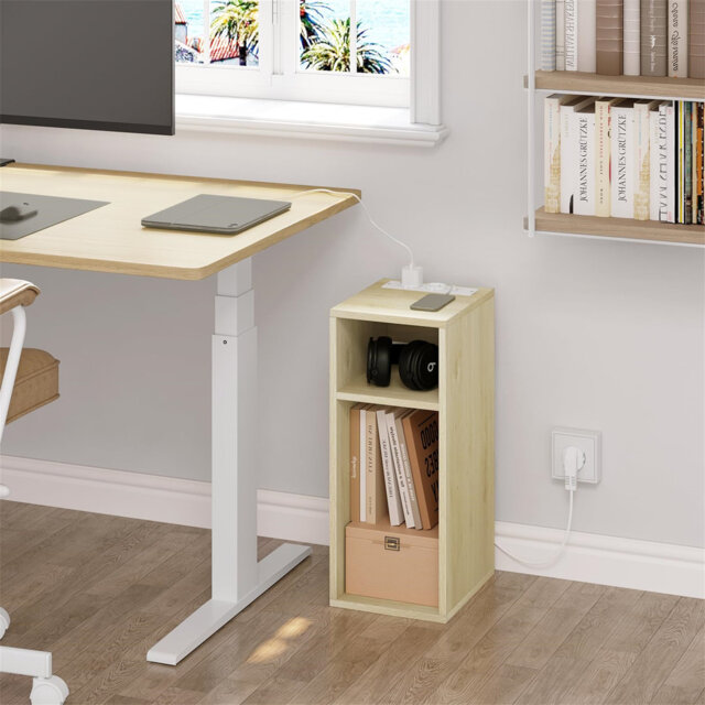 Nightstand With Charging Station For 2 Sockets And 2 USB Ports, Light Wood Side Table With 2 Open Compartments, Narrow Table For Living Room And Bedro