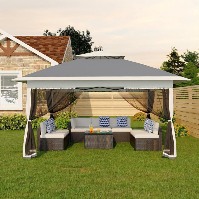 3m x 3m Pop Up Gazebo - Double Roof Garden Shelter with Netting & Sandbags - Height Adjustable Outdoor Party Tent