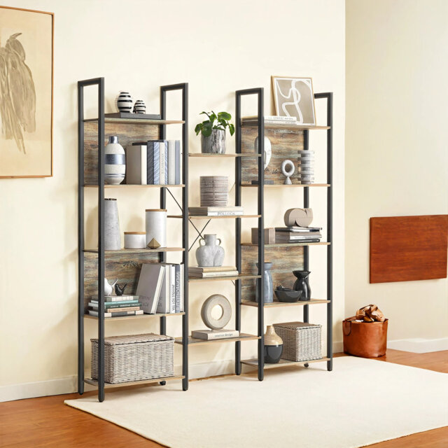 5-Tier Bookcase with 14 Shelves, Book Shelf with Metal Frame, 24 x 158 x 166 cm, Turquoise Brown and Black
