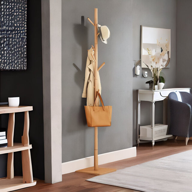 Sukhani Natural Wooden Coat Stand 8 Hooks Freestanding Hat Coat Rack Entryway Hallway Furniture