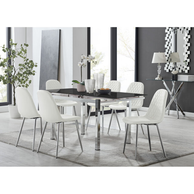 Tierra Modern Glass & Metal Extendable Dining Table Set & 6 Luxury Dining Chairs