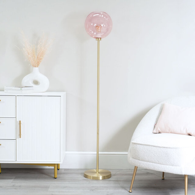 Frenchie Pink Tinted Glass Globe Gold Stem Floor Lamp with LED Bulb