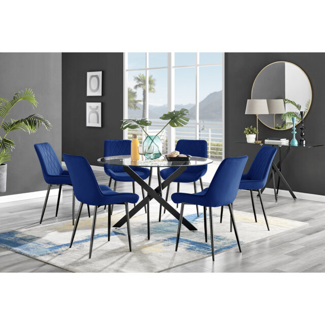Tierra Modern Chrome Metal & Glass Round Dining Table Set with 6 Luxury Faux Leather Chairs